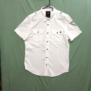 GUESS Women White Button Up Shirt Medium Cotton Short Sleeve Summer Casual Top